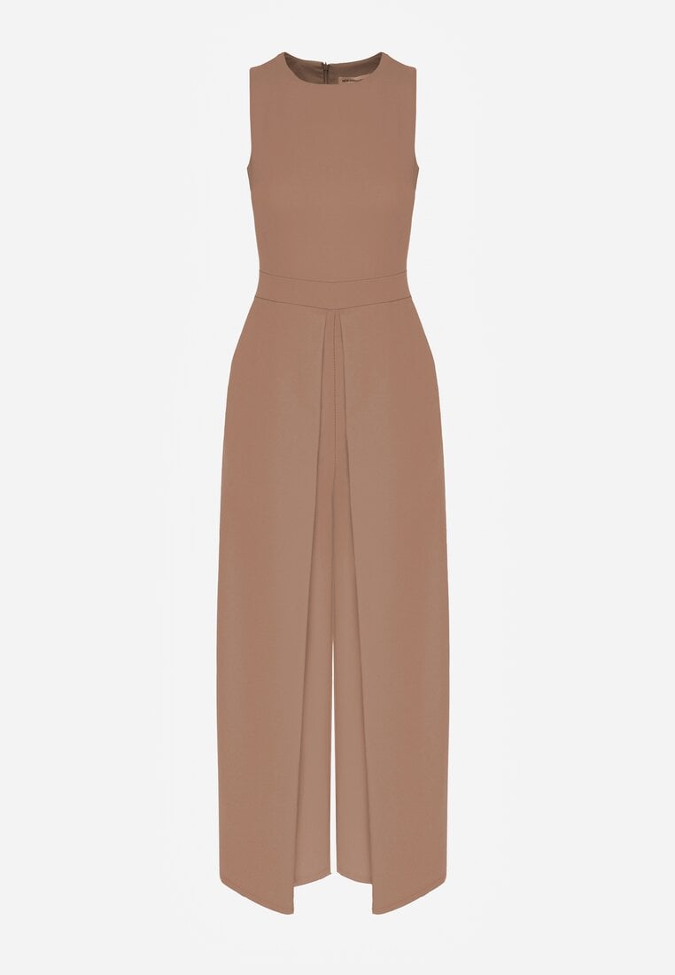 Ciemnobeżowy Elegancki Kombinezon z Ozdobnymi Zakładkami Zellysha