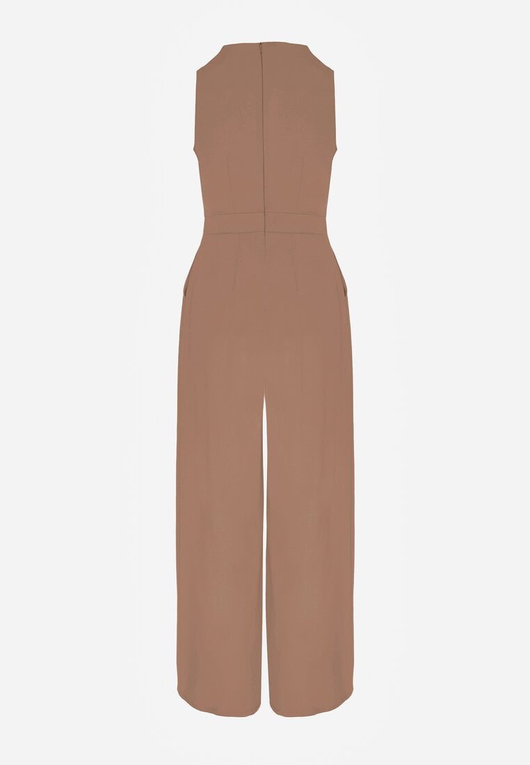 Ciemnobeżowy Elegancki Kombinezon z Ozdobnymi Zakładkami Zellysha