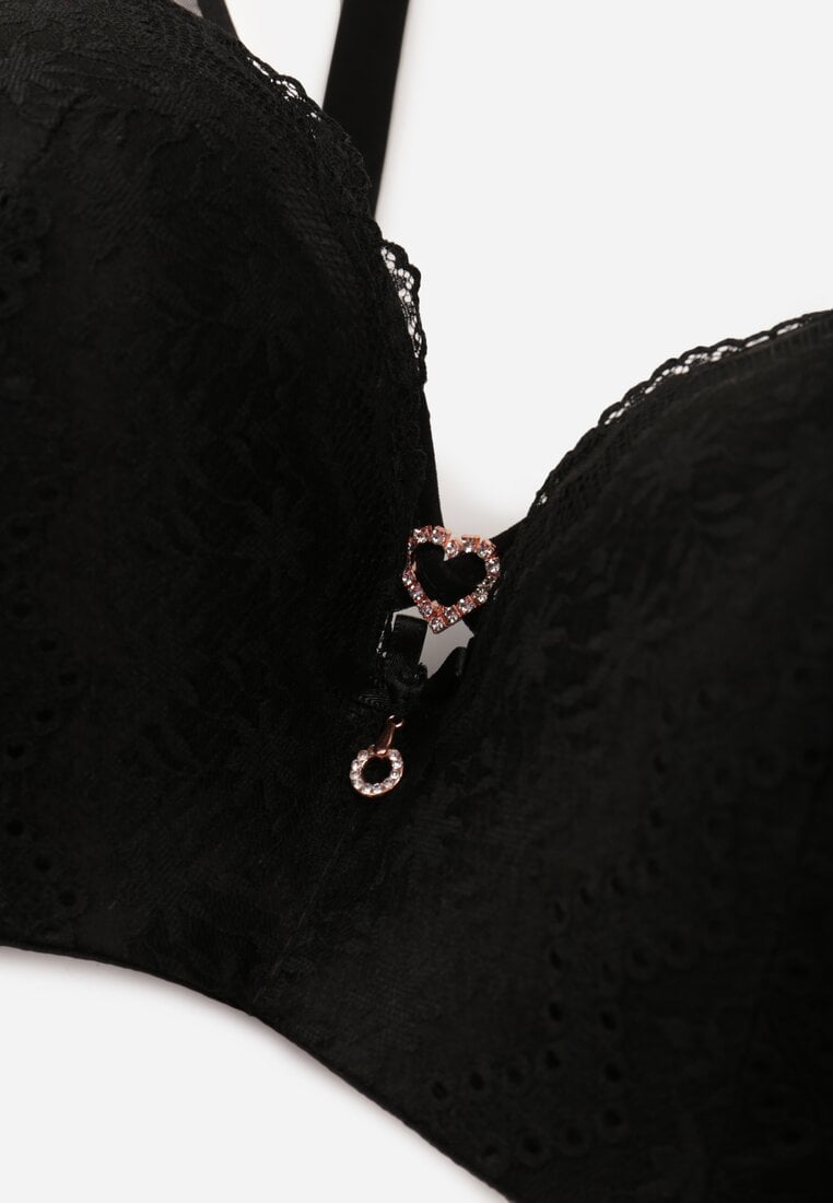 Czarny Koronkowy Biustonosz Ozdobiony Cyrkoniowym Sercem Galirope