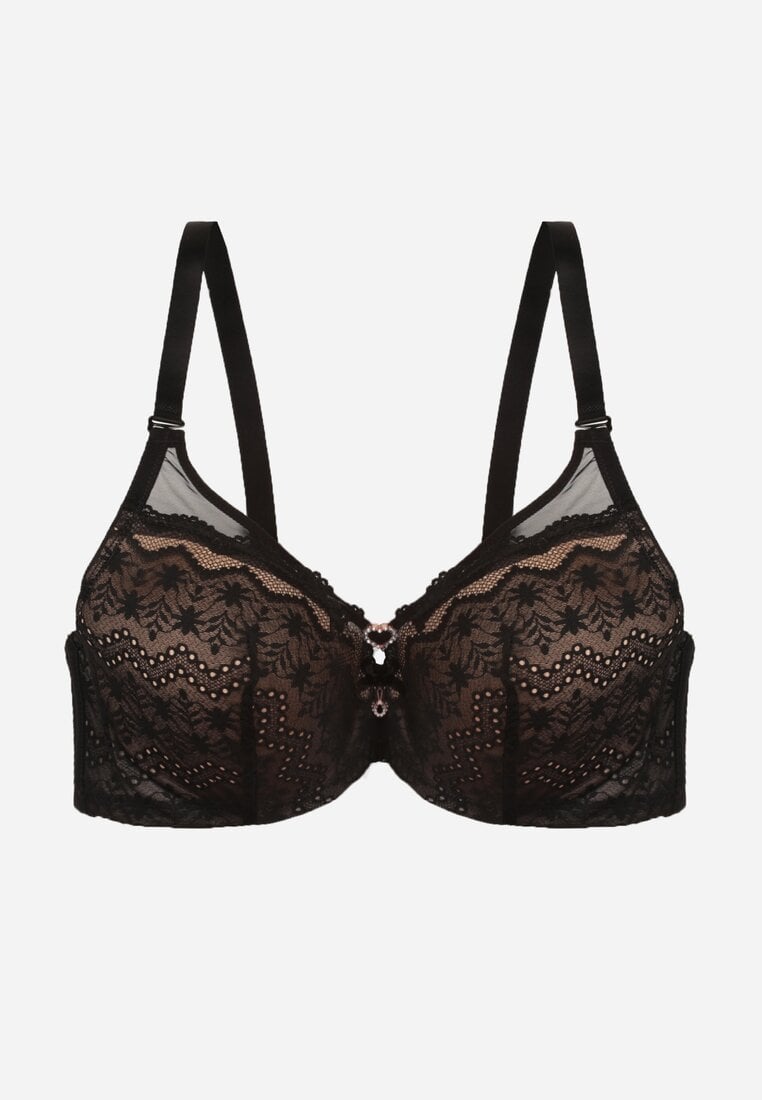 Czarno-Beżowy Koronkowy Biustonosz Ozdobiony Cyrkoniowym Sercem Galirope