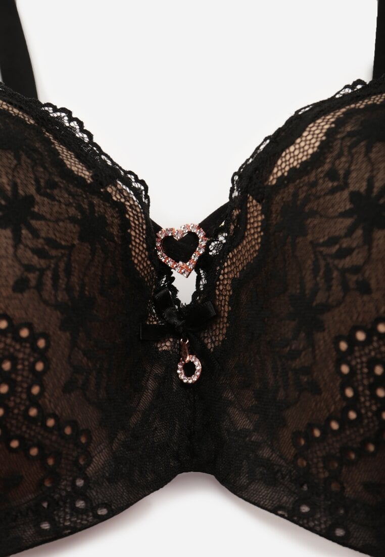 Czarno-Beżowy Koronkowy Biustonosz Ozdobiony Cyrkoniowym Sercem Galirope