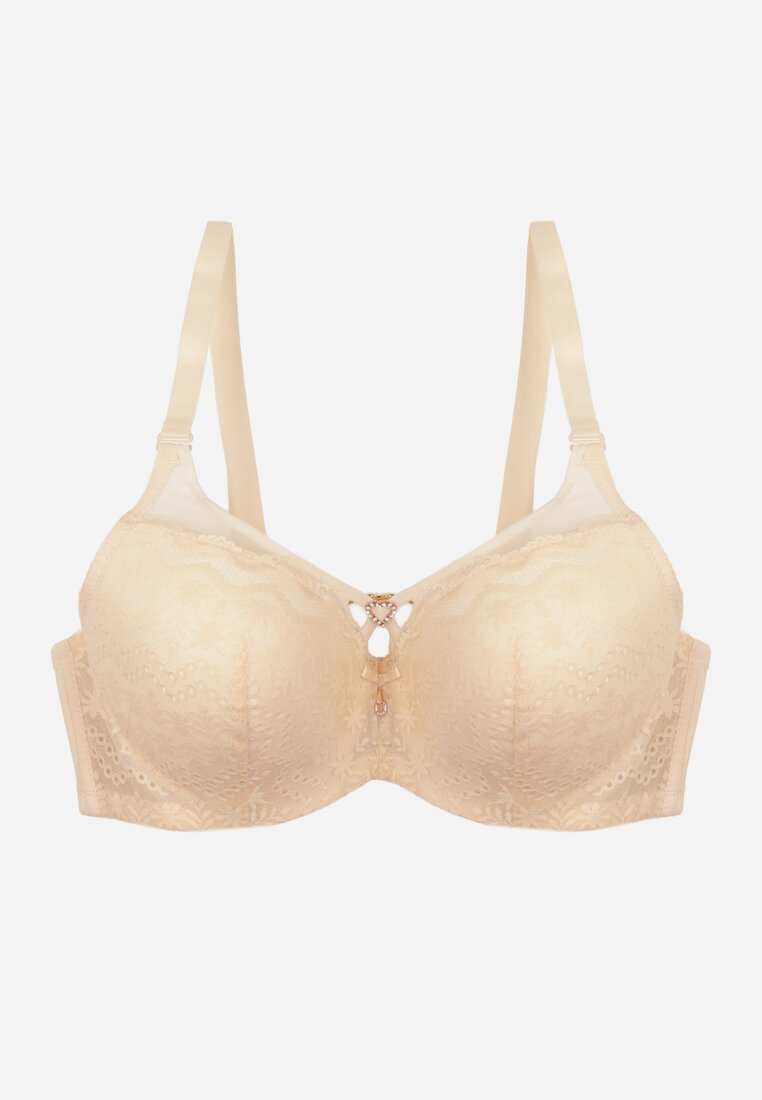 Jasnobeżowy Koronkowy Biustonosz Ozdobiony Cyrkoniowym Sercem Galirope