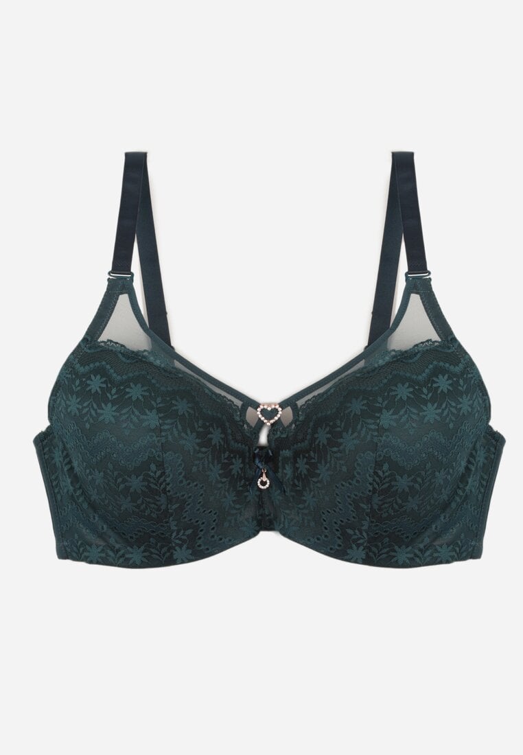 Ciemnozielony Koronkowy Biustonosz Ozdobiony Cyrkoniowym Sercem Galirope