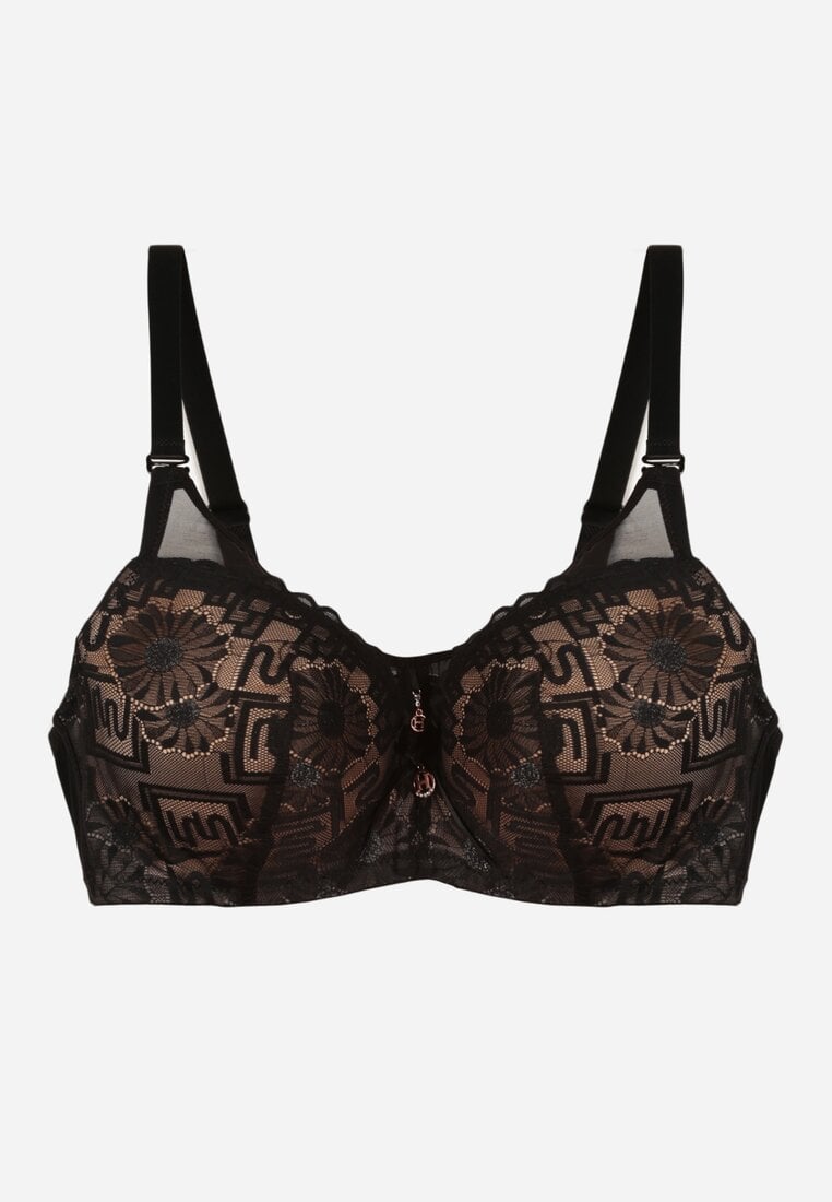 Czarno-Beżowy Biustonosz z Koronką i Transparentną Wstawką Heliphine