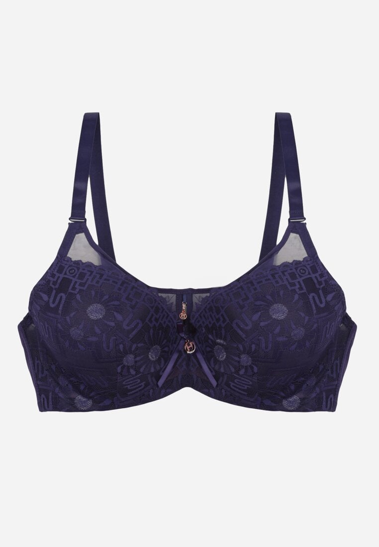 Granatowy Biustonosz z Koronką i Transparentną Wstawką Heliphine