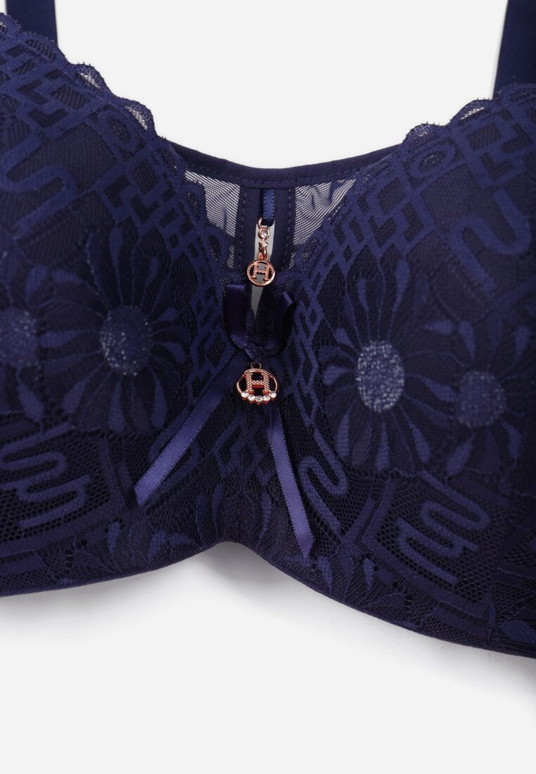 Granatowy Biustonosz z Koronką i Transparentną Wstawką Heliphine