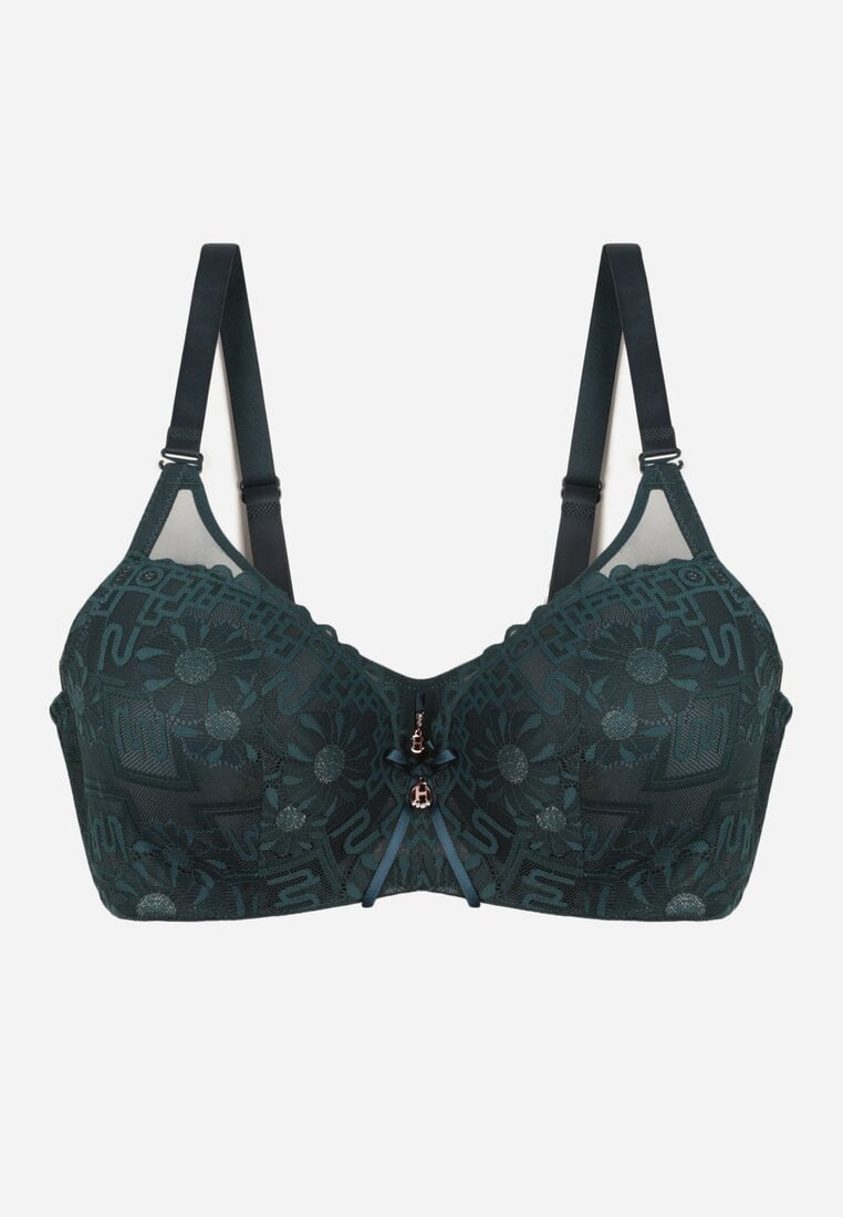 Ciemnozielony Biustonosz z Koronką i Transparentną Wstawką Heliphine