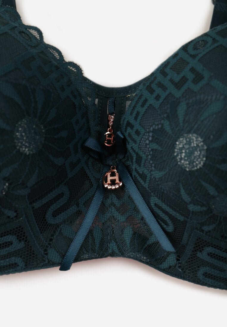 Ciemnozielony Biustonosz z Koronką i Transparentną Wstawką Heliphine