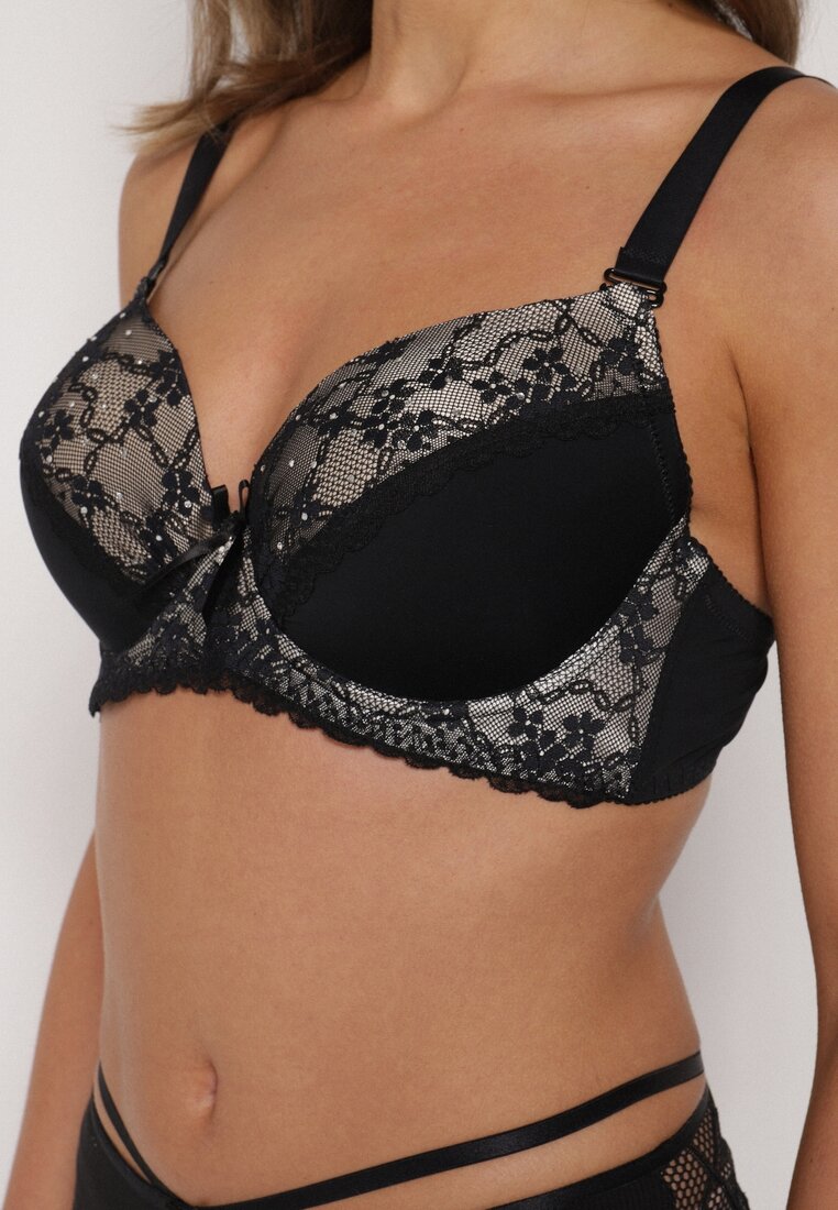 Czarno-Beżowy Biustonosz Ozdobiony Cyrkoniami i Koronką Corraella