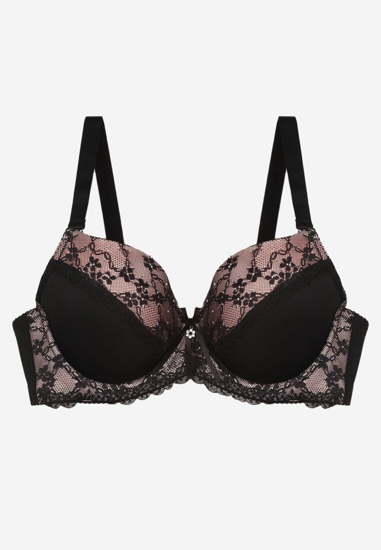 Czarno-Różowy Biustonosz Ozdobiony Cyrkoniami i Koronką Corraella