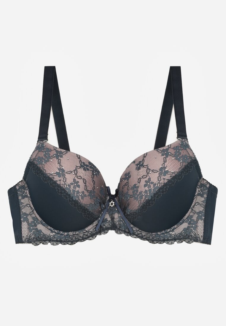 Ciemnozielony Biustonosz Ozdobiony Cyrkoniami i Koronką Corraella