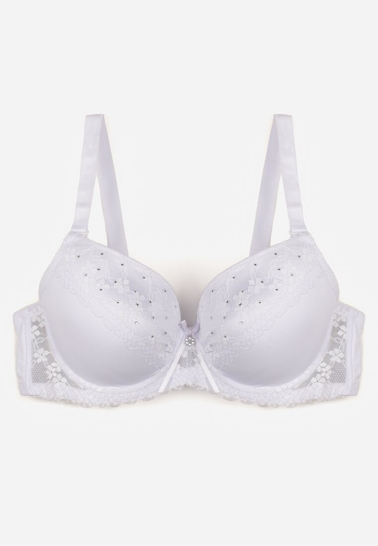 Biały Biustonosz Ozdobiony Cyrkoniami i Koronką Corraella