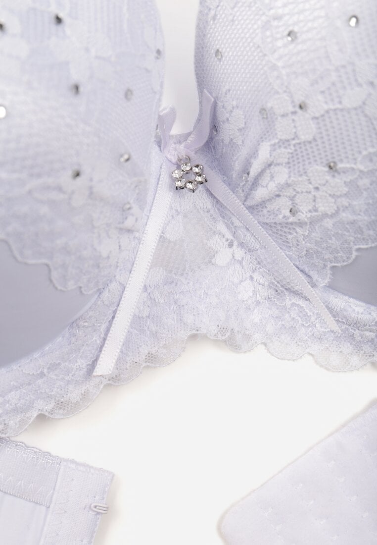 Biały Biustonosz Ozdobiony Cyrkoniami i Koronką Corraella