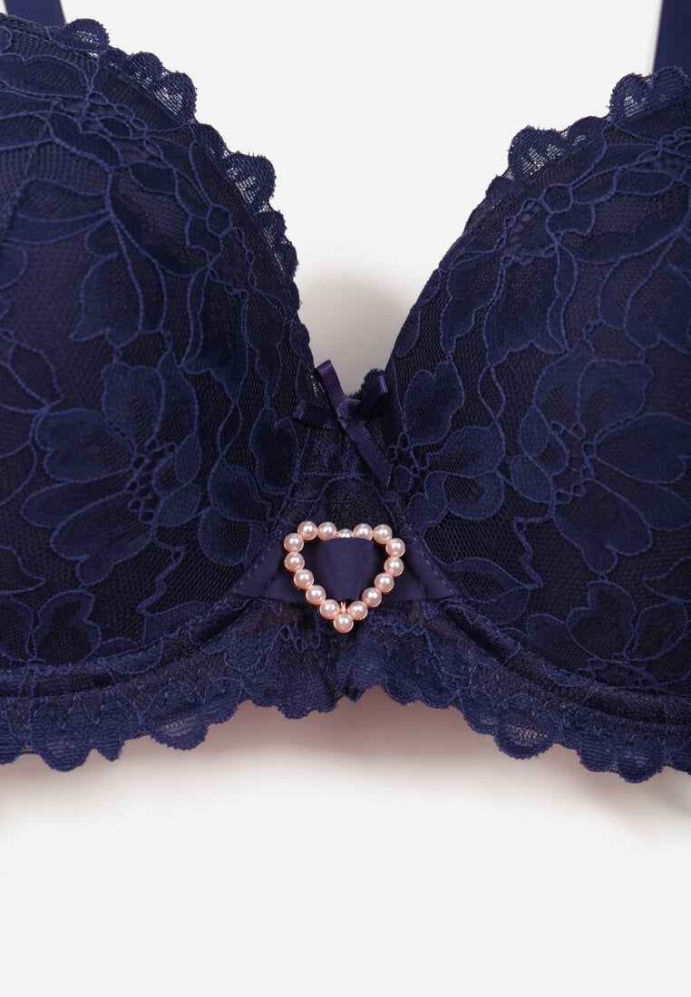 Granatowy Biustonosz z Koronką i Sercem z Cyrkonii Coratune