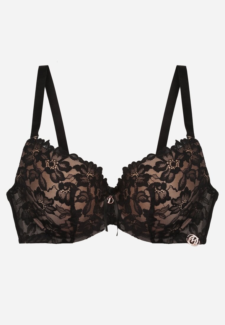 Czarno-Beżowy Koronkowy Biustonosz z Kokardką Nealenia