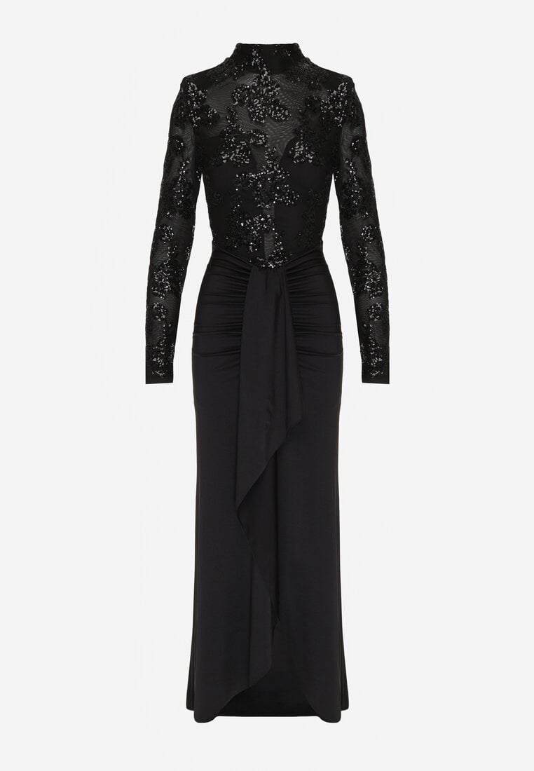 Czarna Cekinowa Sukienka Wieczorowa z Półgolfem i Trenem Eylnore