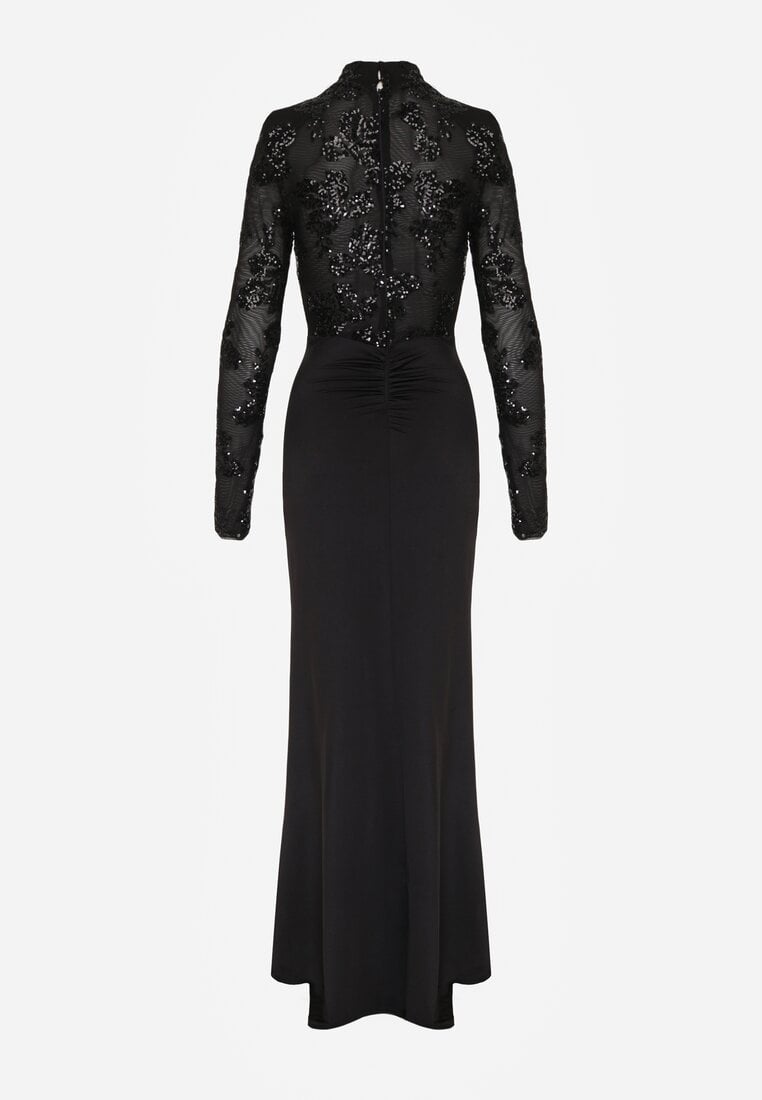 Czarna Cekinowa Sukienka Wieczorowa z Półgolfem i Trenem Eylnore