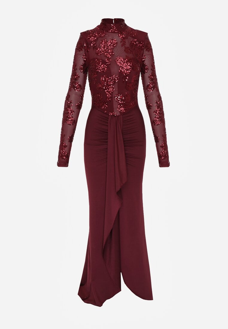 Bordowa Cekinowa Sukienka Wieczorowa z Półgolfem i Trenem Eylnore