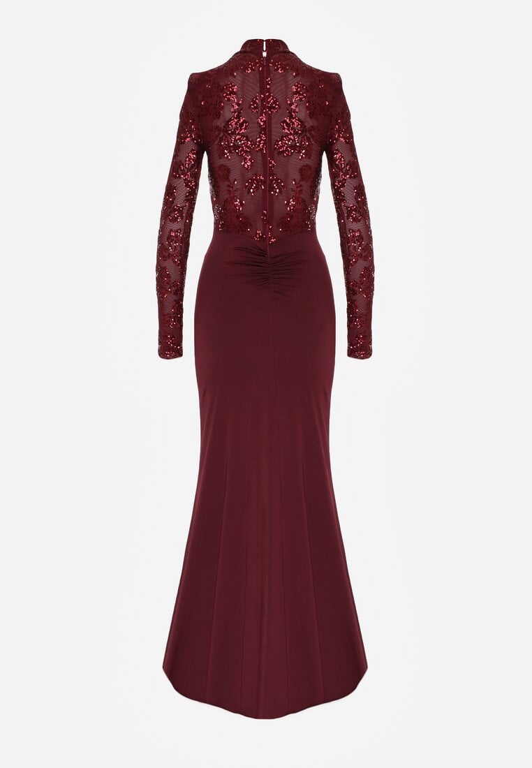 Bordowa Cekinowa Sukienka Wieczorowa z Półgolfem i Trenem Eylnore