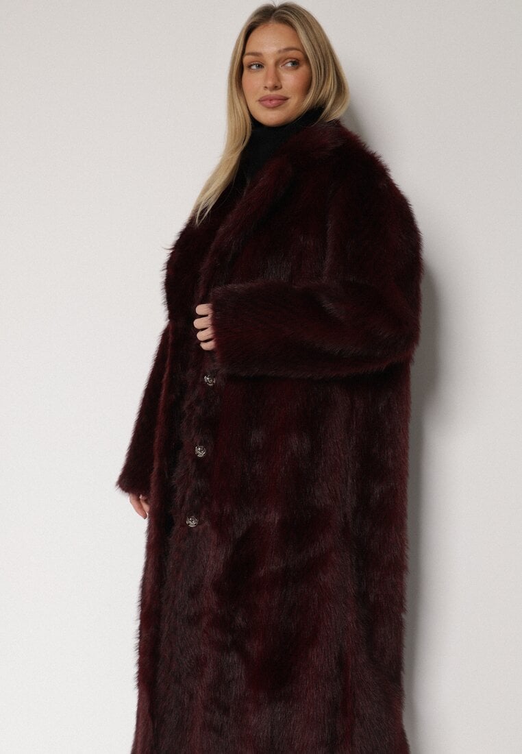 Bordowy Jednorzędowy Płaszcz Futerko o Klasycznym Kroju Yrelsha