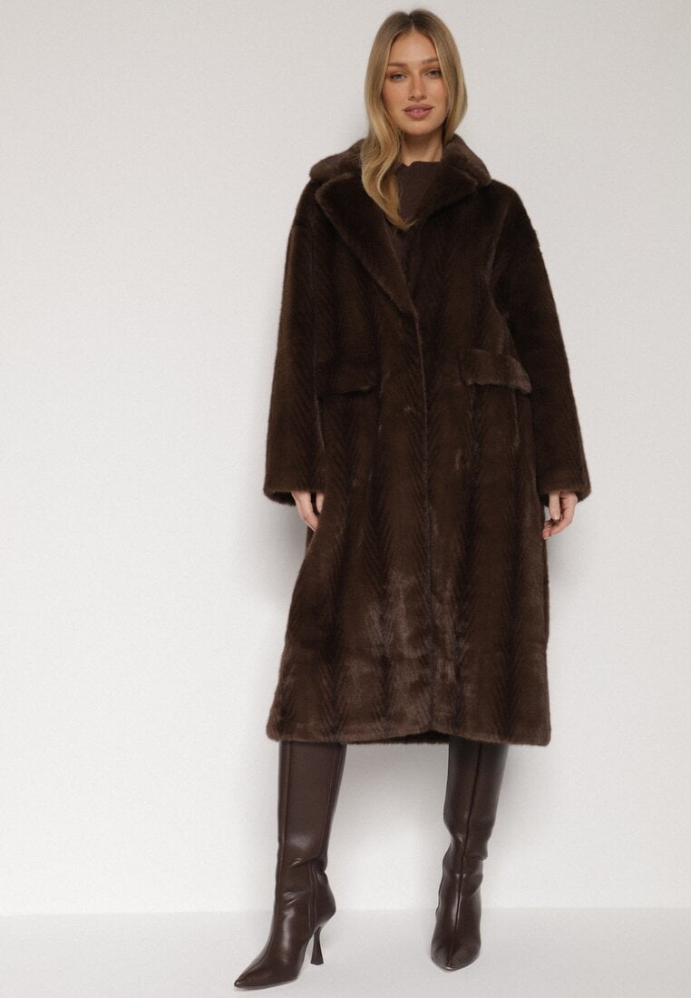 Brązowy Płaszcz Futerko o Kroju Oversize z Kieszeniami z Klapami Namys