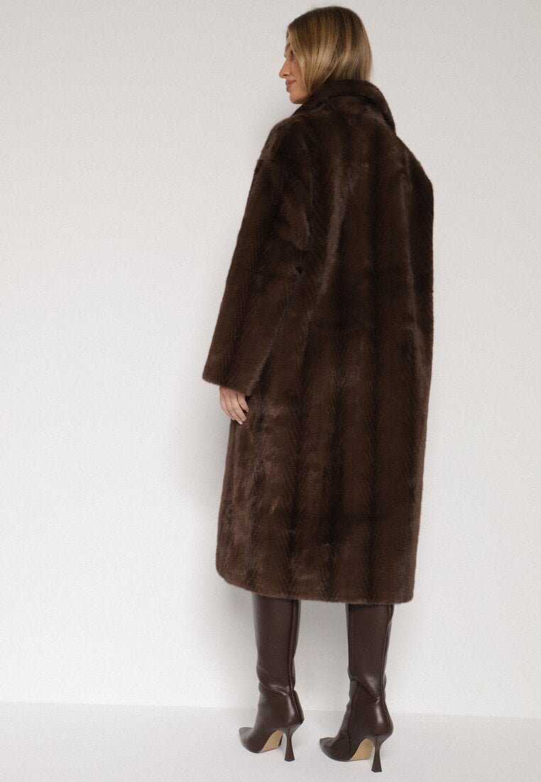 Brązowy Płaszcz Futerko o Kroju Oversize z Kieszeniami z Klapami Namys