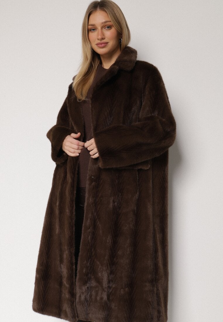 Brązowy Płaszcz Futerko o Kroju Oversize z Kieszeniami z Klapami Namys