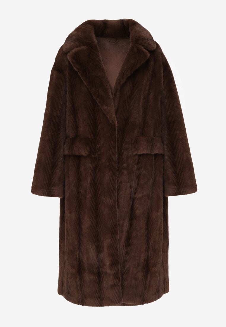 Brązowy Płaszcz Futerko o Kroju Oversize z Kieszeniami z Klapami Namys