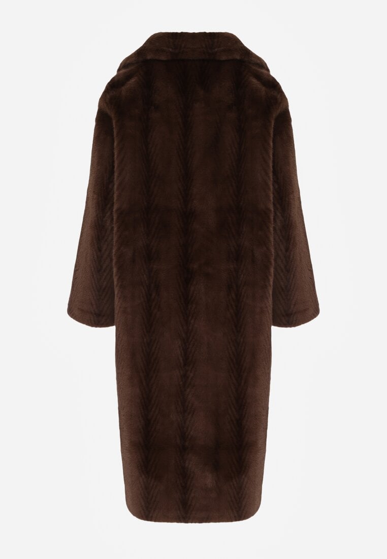 Brązowy Płaszcz Futerko o Kroju Oversize z Kieszeniami z Klapami Namys