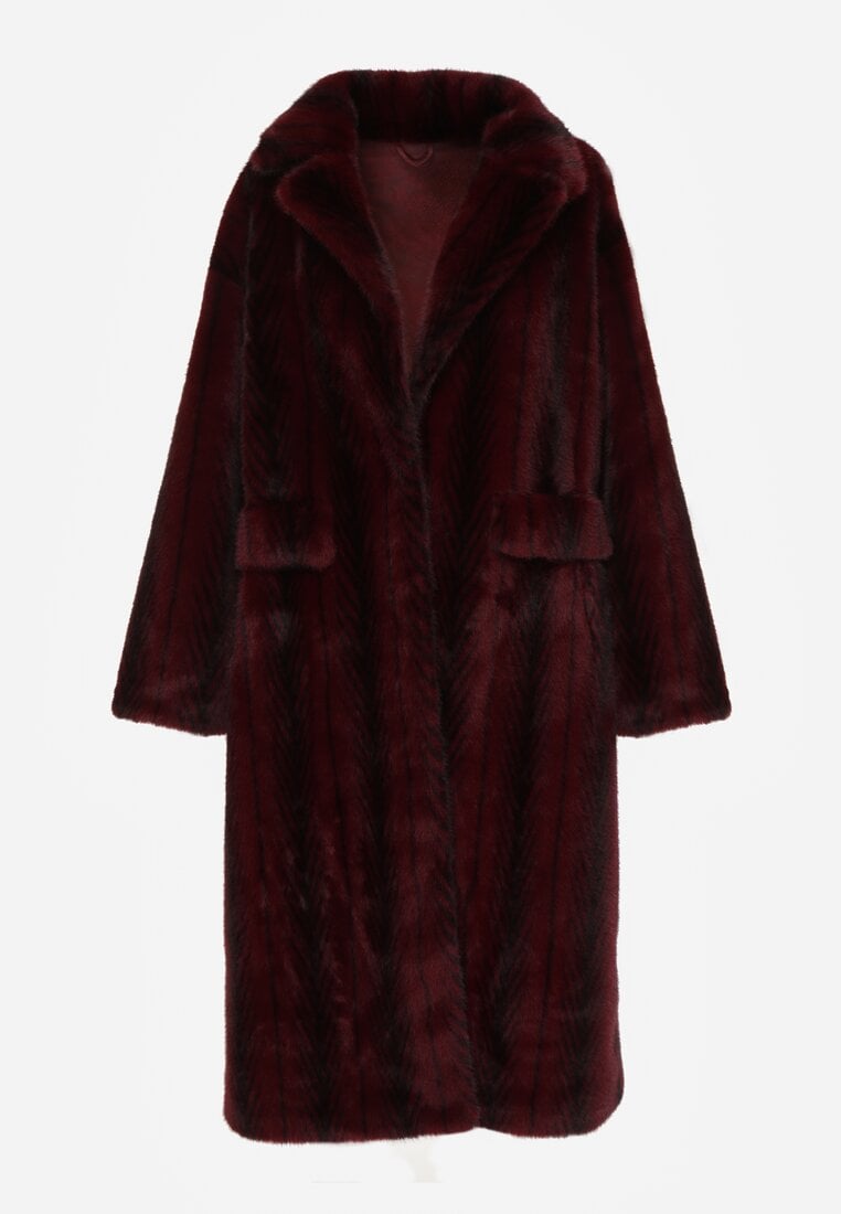 Bordowy Płaszcz Futerko o Kroju Oversize z Kieszeniami z Klapami Namys