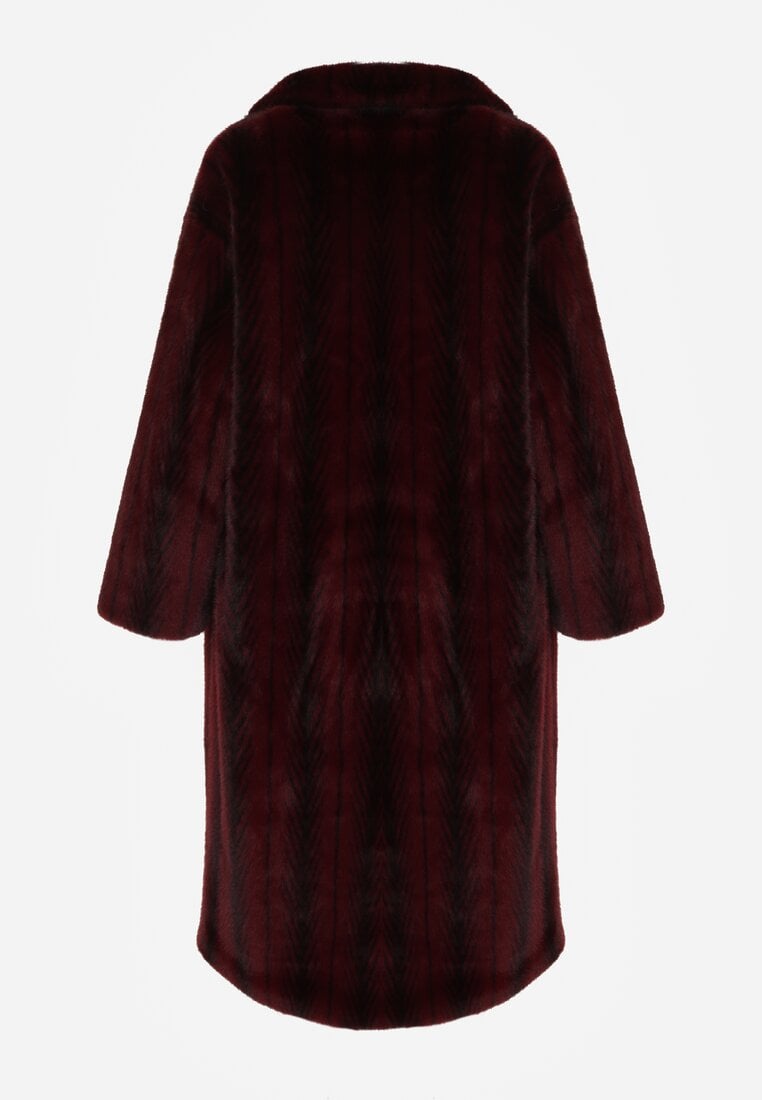 Bordowy Płaszcz Futerko o Kroju Oversize z Kieszeniami z Klapami Namys