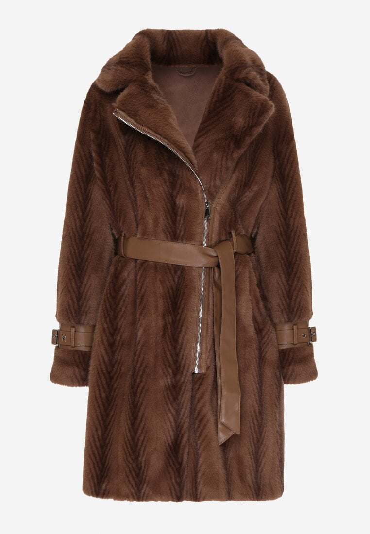 Brązowy Futrzany Płaszcz z Wiązanym Paskiem i Ozdobnymi Sprzączkami Felryna