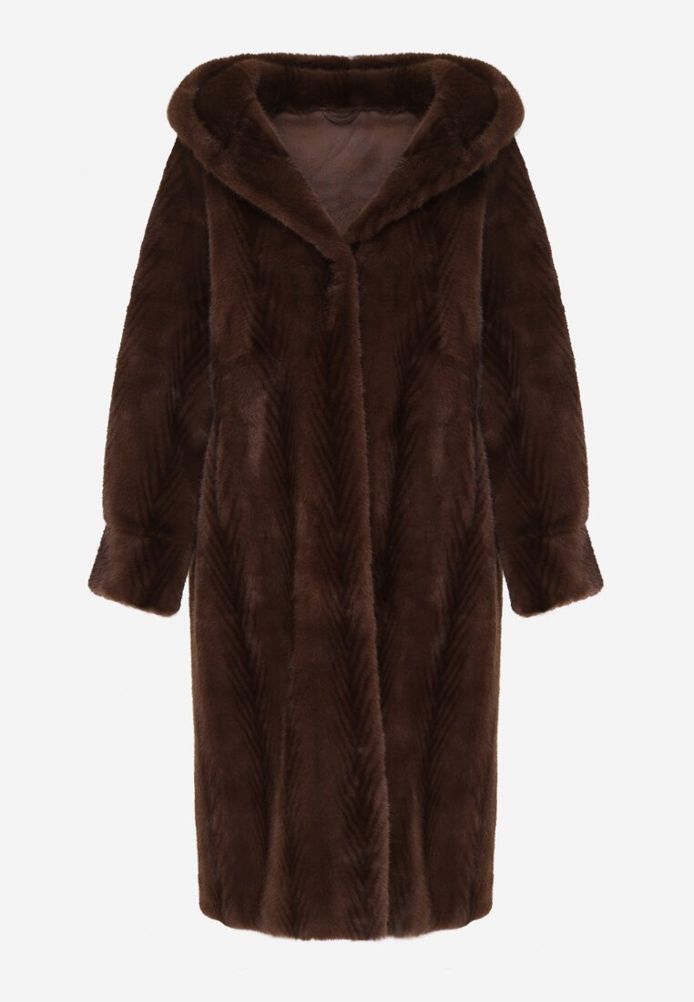 Brązowy Płaszcz Futerko w Pionowy Wzór z Kapturem Cahroris