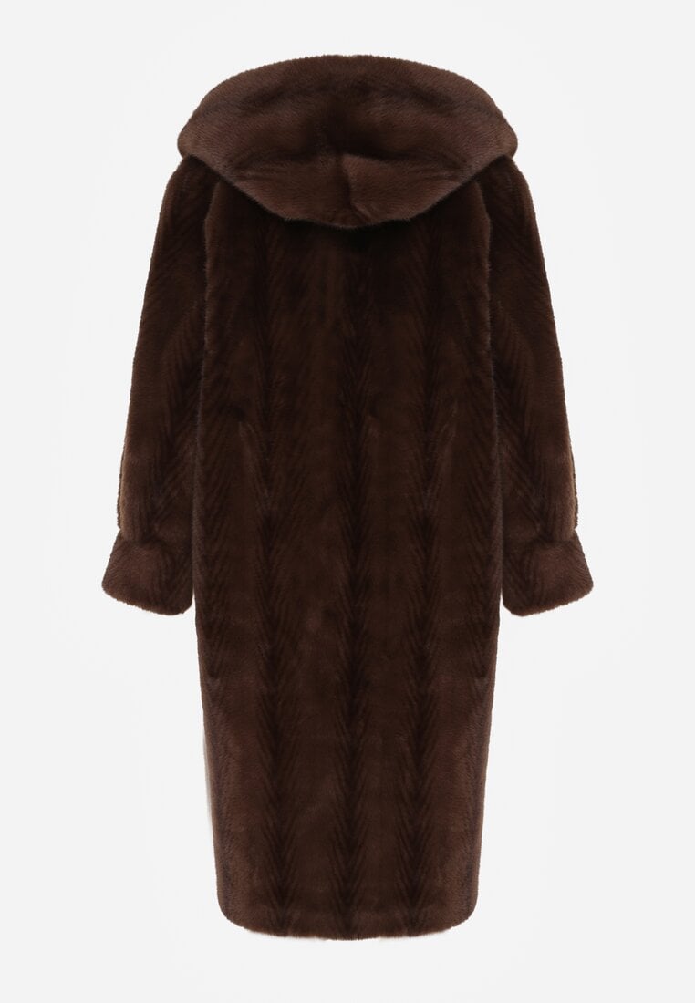 Brązowy Płaszcz Futerko w Pionowy Wzór z Kapturem Cahroris