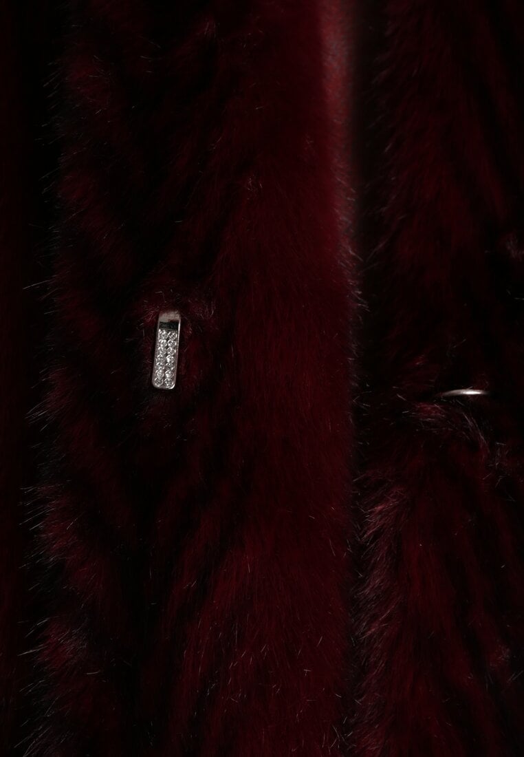 Bordowy Płaszcz Futerko w Pionowy Wzór z Kapturem Cahroris