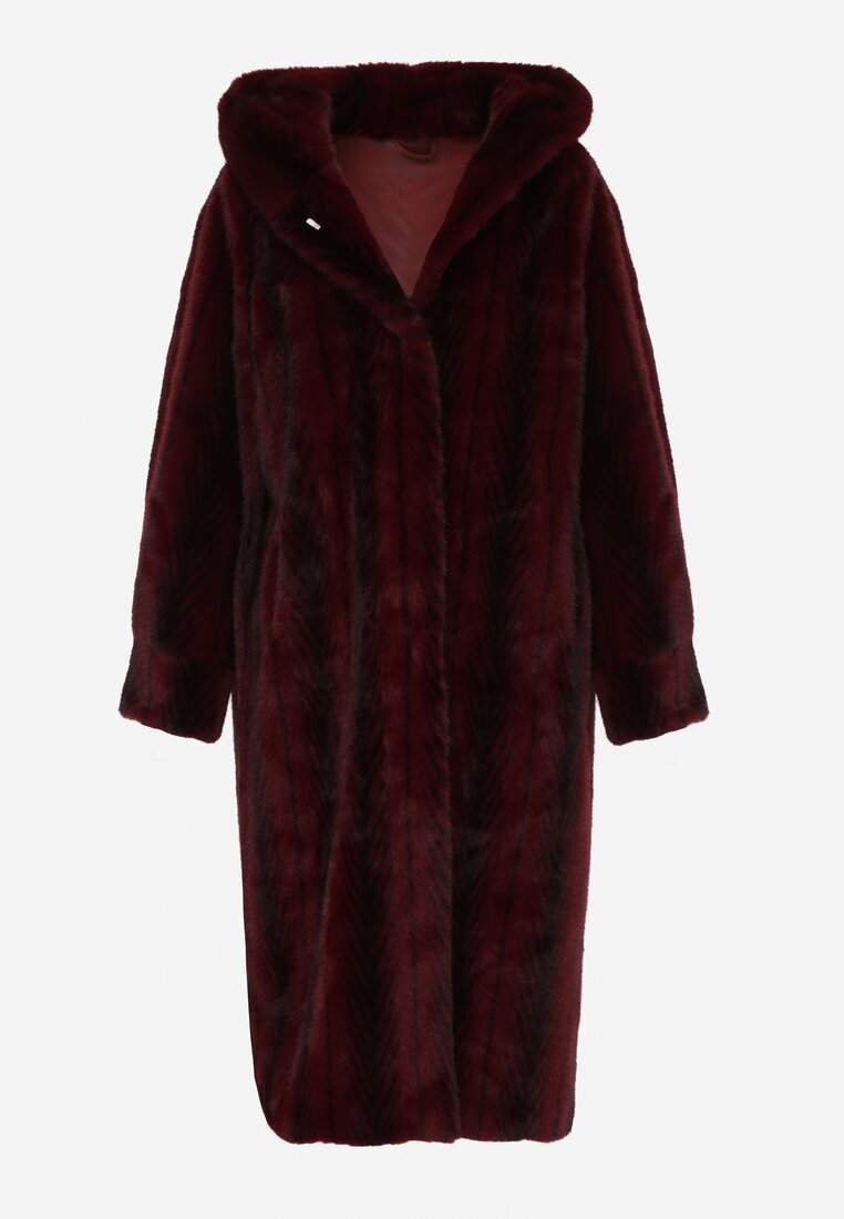 Bordowy Płaszcz Futerko w Pionowy Wzór z Kapturem Cahroris