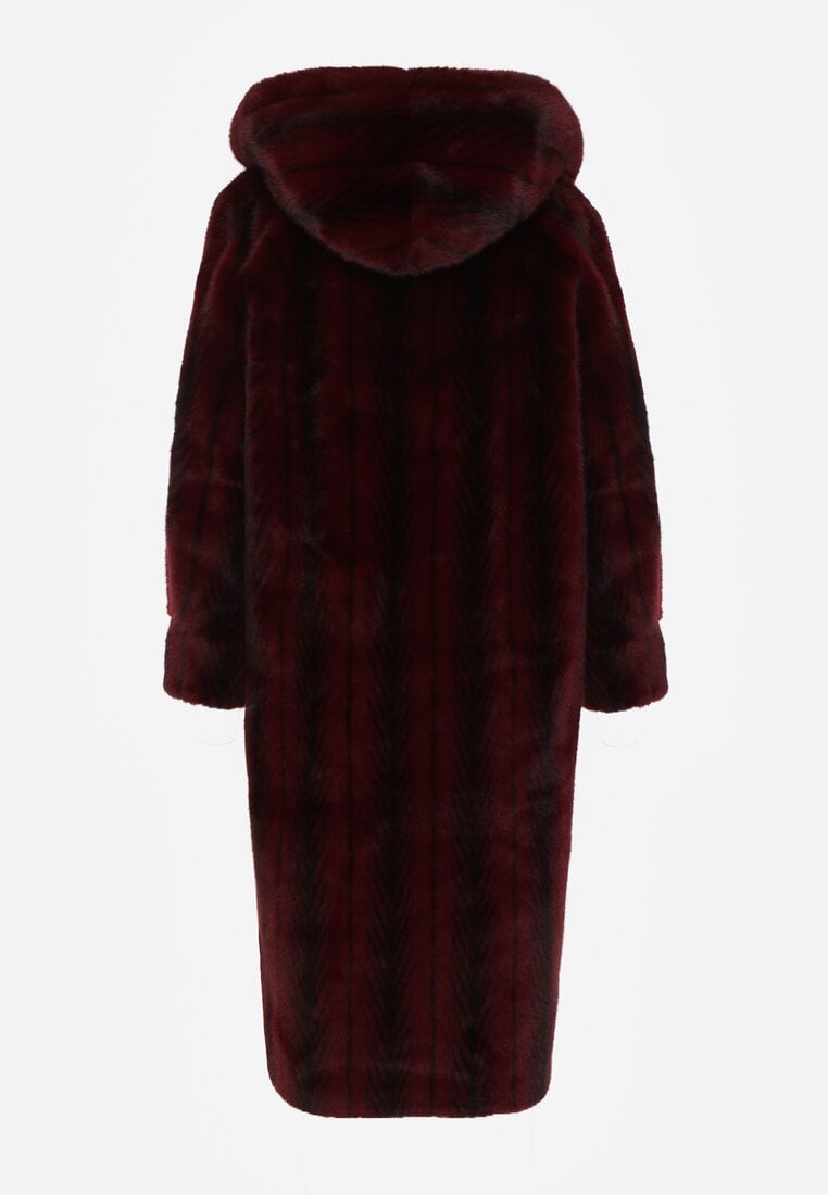 Bordowy Płaszcz Futerko w Pionowy Wzór z Kapturem Cahroris