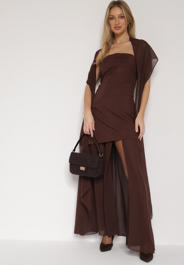 Brązowa Koktajlowa Sukienka z Odkrytymi Ramionami i Dodatkowym Szalem Krynaya