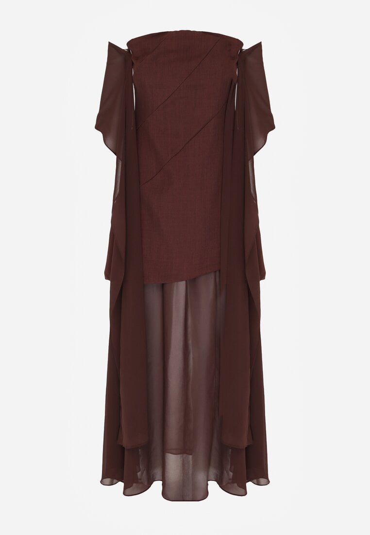 Brązowa Koktajlowa Sukienka z Odkrytymi Ramionami i Dodatkowym Szalem Krynaya