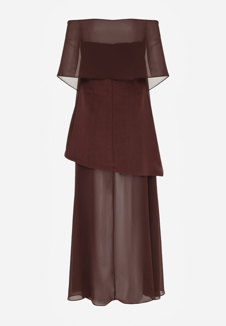 Brązowa Koktajlowa Sukienka z Odkrytymi Ramionami i Dodatkowym Szalem Krynaya