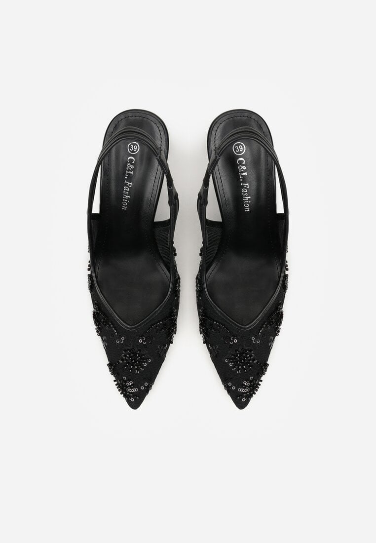 Czarne Sandały na Szpilce Bez Pięty Ozdobione Cekinami Avixaris