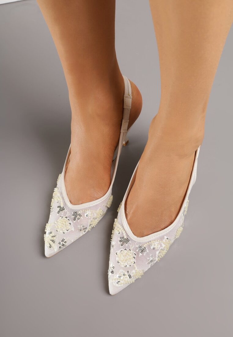 Beżowe Sandały na Szpilce Bez Pięty Ozdobione Cekinami Avixaris