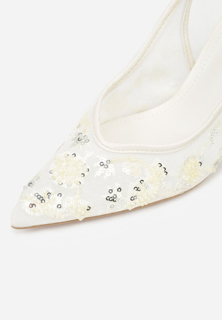 Beżowe Sandały na Szpilce Bez Pięty Ozdobione Cekinami Avixaris