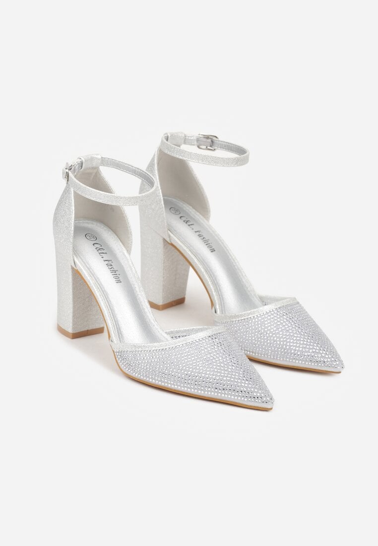 Srebrne Czółenka na Obcasie Ozdobione Brokatem i Cyrkoniami Prisnara