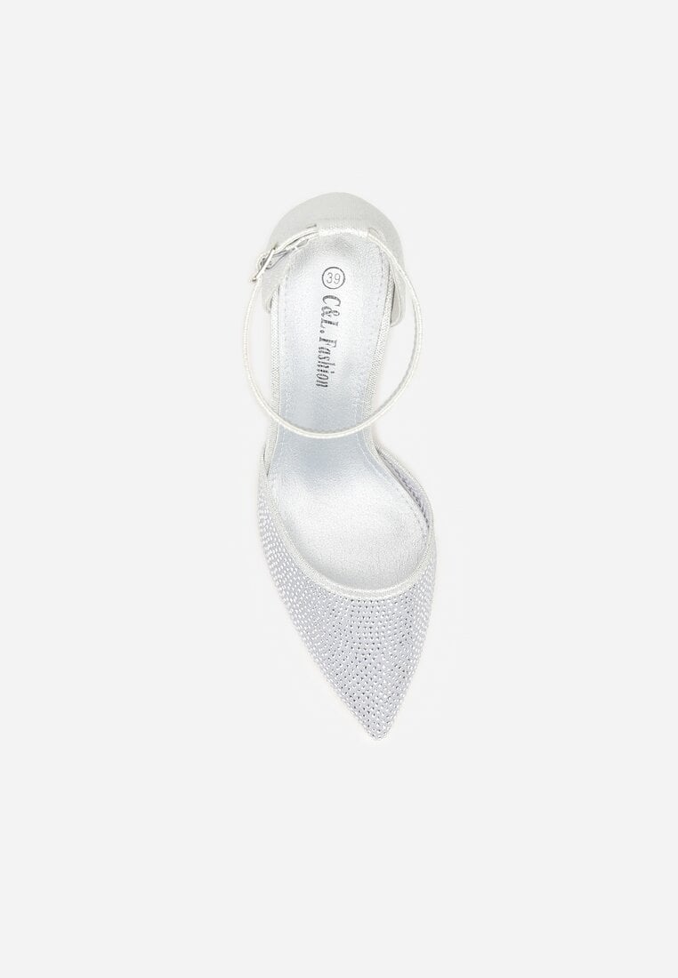 Srebrne Czółenka na Obcasie Ozdobione Brokatem i Cyrkoniami Prisnara