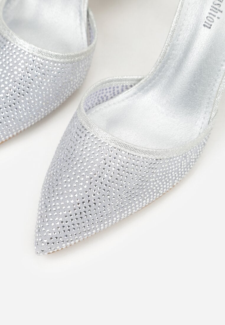 Srebrne Czółenka na Obcasie Ozdobione Brokatem i Cyrkoniami Prisnara