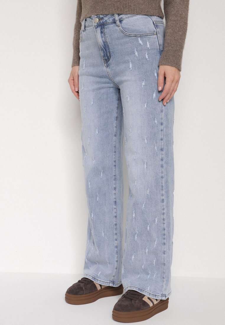 Niebieskie Bawełniane Szerokie Jeansy z Wysokim Stanem i Przetarciami Lilinryss