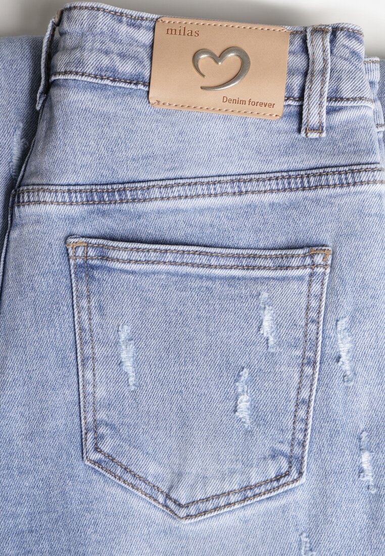 Niebieskie Bawełniane Szerokie Jeansy z Wysokim Stanem i Przetarciami Lilinryss