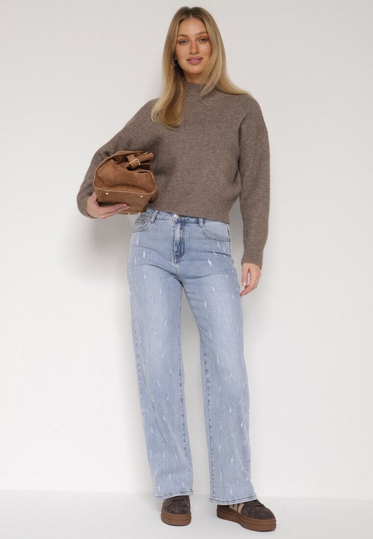 Niebieskie Bawełniane Szerokie Jeansy z Wysokim Stanem i Przetarciami Lilinryss