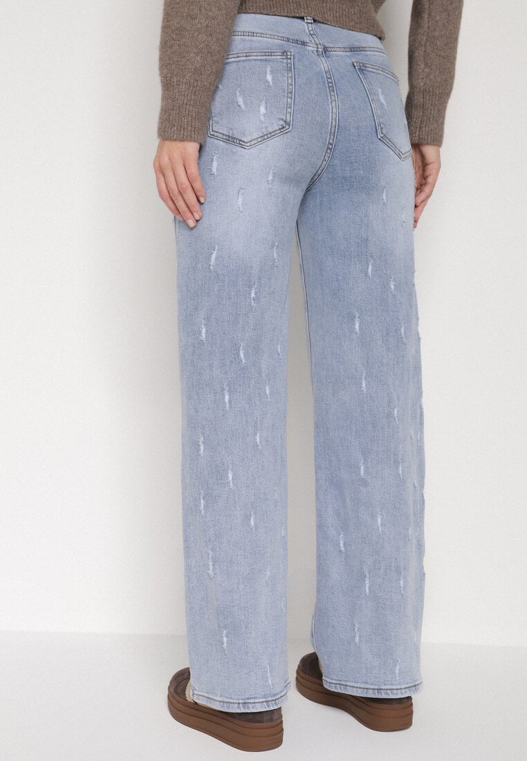 Niebieskie Bawełniane Szerokie Jeansy z Wysokim Stanem i Przetarciami Lilinryss